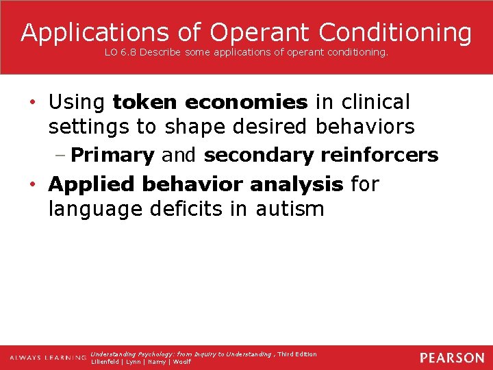 Applications of Operant Conditioning LO 6. 8 Describe some applications of operant conditioning. •