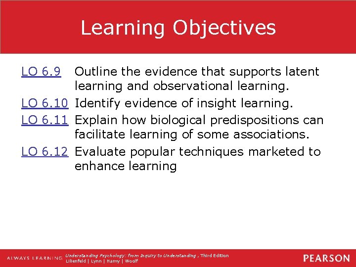 Learning Objectives LO 6. 9 Outline the evidence that supports latent learning and observational