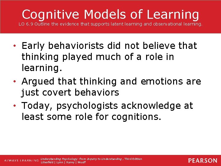 Cognitive Models of Learning LO 6. 9 Outline the evidence that supports latent learning