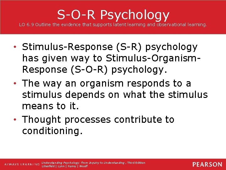 S-O-R Psychology LO 6. 9 Outline the evidence that supports latent learning and observational