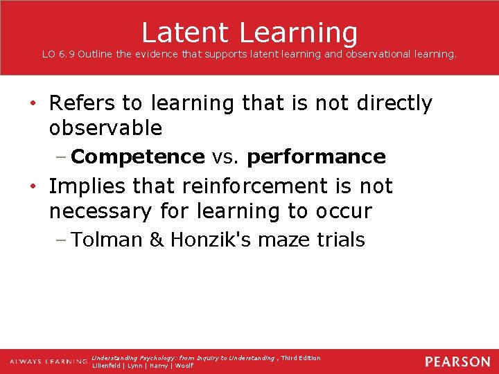 Latent Learning LO 6. 9 Outline the evidence that supports latent learning and observational