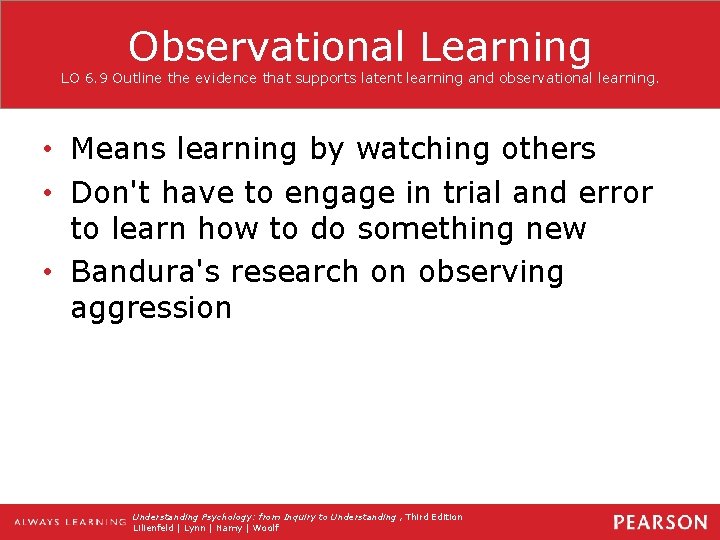 Observational Learning LO 6. 9 Outline the evidence that supports latent learning and observational