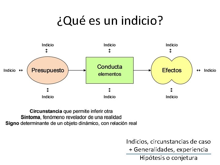 ¿Qué es un indicio? Indicios, circunstancias de caso + Generalidades, experiencia Hipótesis o conjetura