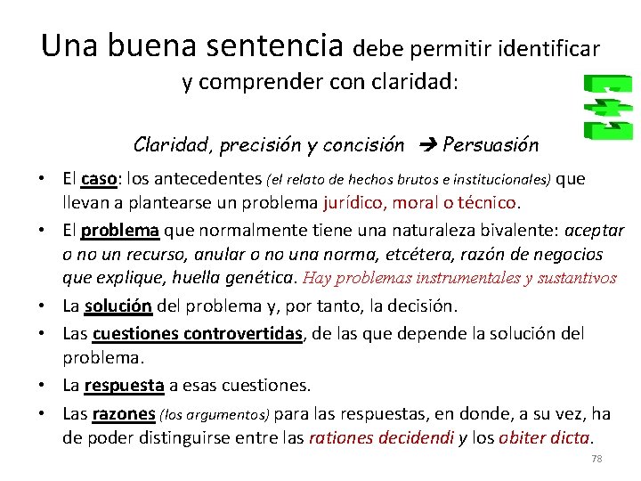 Una buena sentencia debe permitir identificar y comprender con claridad: Claridad, precisión y concisión