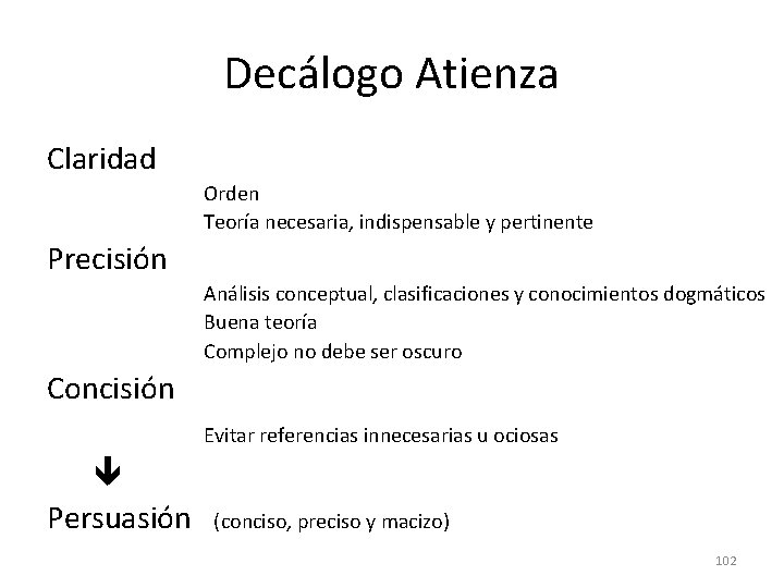 Decálogo Atienza Claridad Orden Teoría necesaria, indispensable y pertinente Precisión Análisis conceptual, clasificaciones y