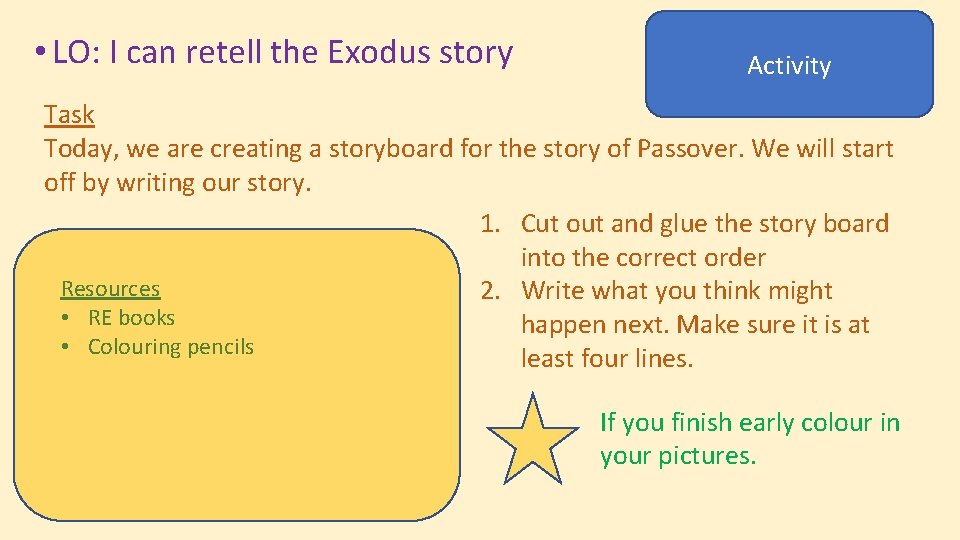  • LO: I can retell the Exodus story Activity Task Today, we are