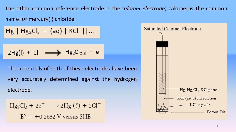 The other common reference electrode is the calomel electrode; calomel is the common name