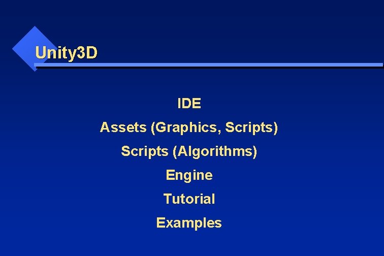 Unity 3 D IDE Assets (Graphics, Scripts) Scripts (Algorithms) Engine Tutorial Examples 