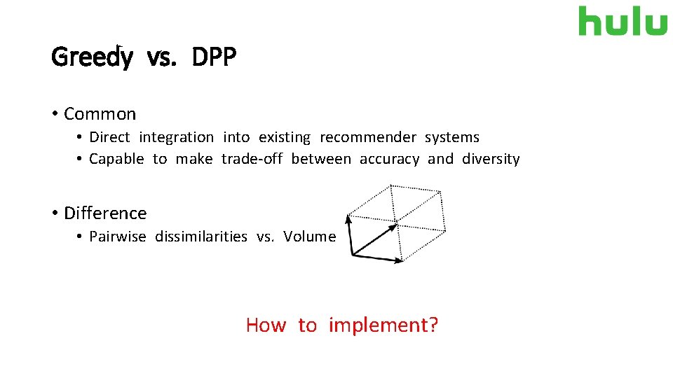 Greedy vs. DPP • Common • Direct integration into existing recommender systems • Capable