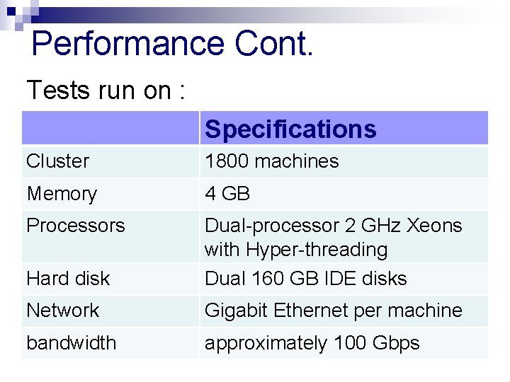 Performance Cont. Tests run on : Specifications Cluster 1800 machines Memory 4 GB Processors