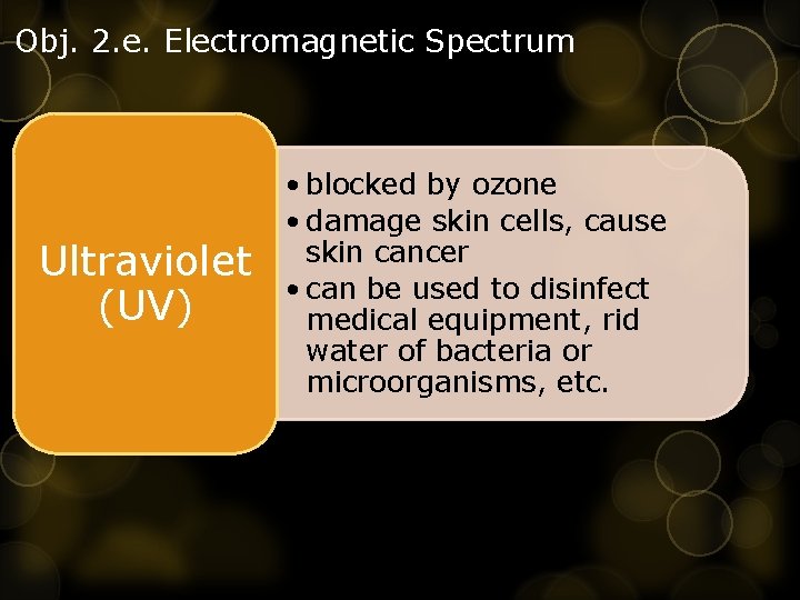 Obj. 2. e. Electromagnetic Spectrum Ultraviolet (UV) • blocked by ozone • damage skin