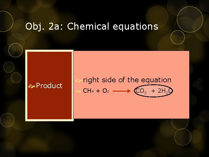 Obj. 2 a: Chemical equations Product right side of the equation CH 4 +