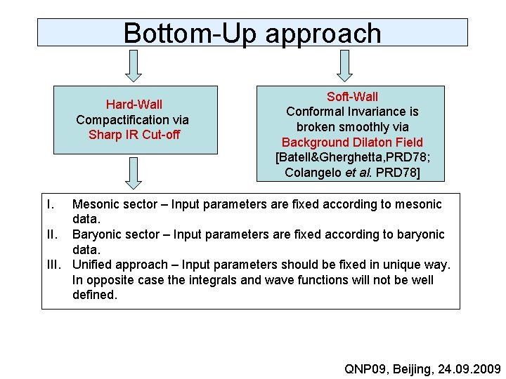 Bottom-Up approach Hard-Wall Compactification via Sharp IR Cut-off Soft-Wall Conformal Invariance is broken smoothly