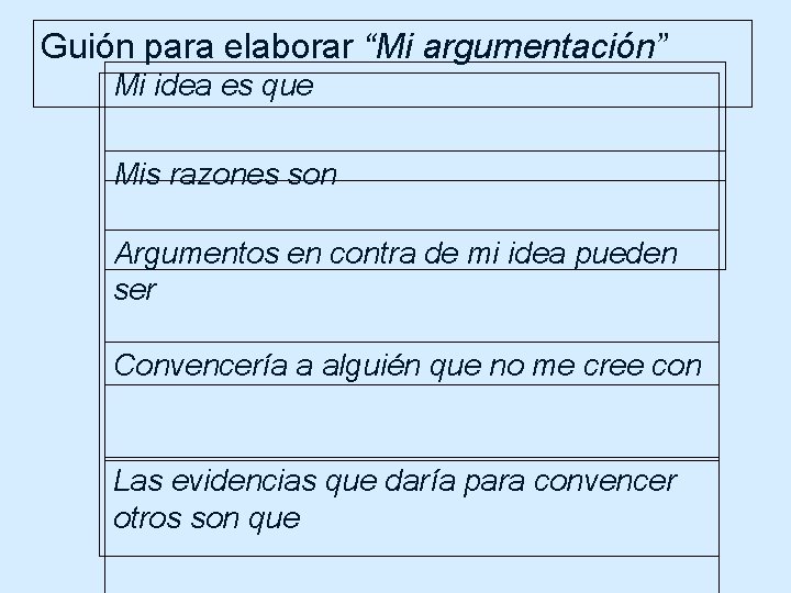 Guión para elaborar “Mi argumentación” Mi idea es que Mis razones son Argumentos en