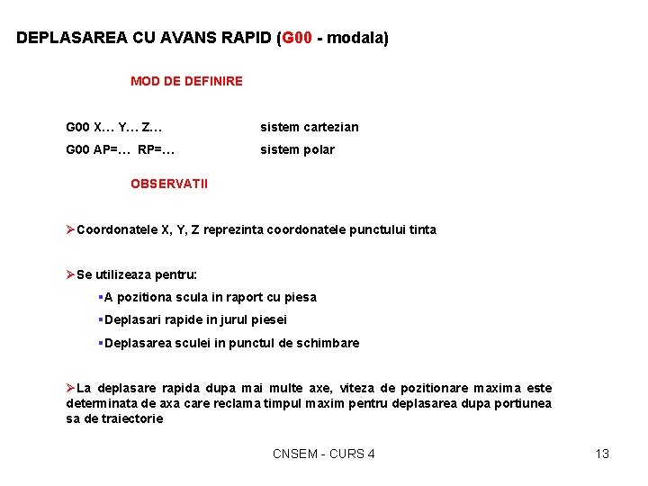 DEPLASAREA CU AVANS RAPID (G 00 - modala) MOD DE DEFINIRE G 00 X…