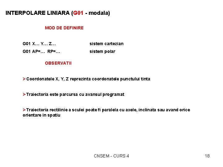 INTERPOLARE LINIARA (G 01 - modala) MOD DE DEFINIRE G 01 X… Y… Z…