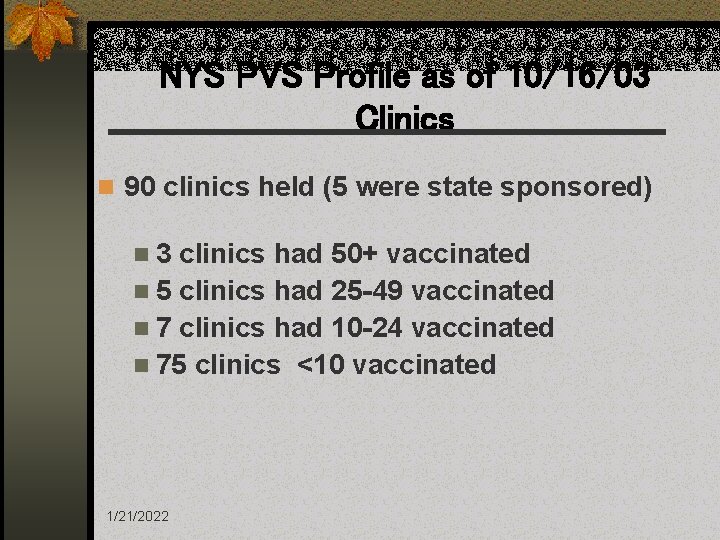 NYS PVS Profile as of 10/16/03 Clinics n 90 clinics held (5 were state
