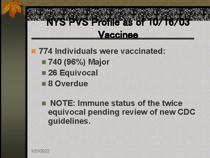 NYS PVS Profile as of 10/16/03 Vaccinee n 774 Individuals were vaccinated: n 740