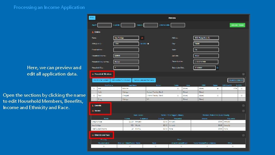 Processing an Income Application Here, we can preview and edit all application data. Open