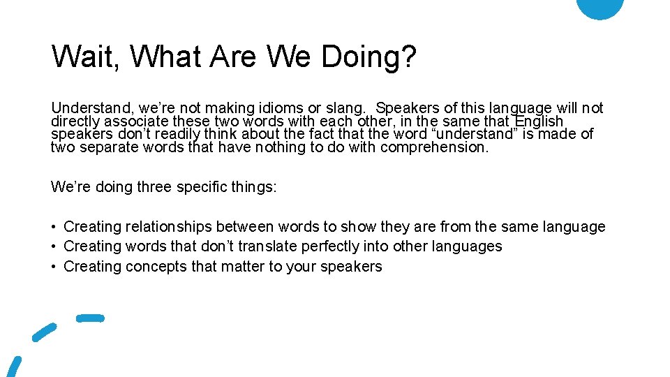 Wait, What Are We Doing? Understand, we’re not making idioms or slang. Speakers of