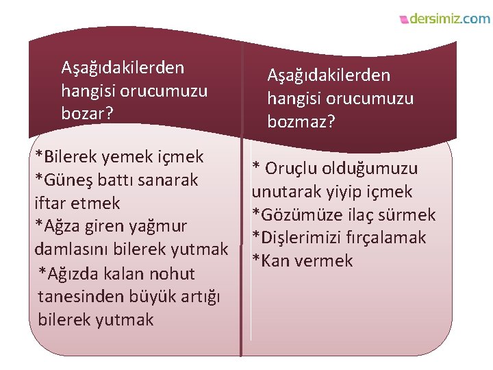 Aşağıdakilerden hangisi orucumuzu bozar? *Bilerek yemek içmek *Güneş battı sanarak iftar etmek *Ağza giren