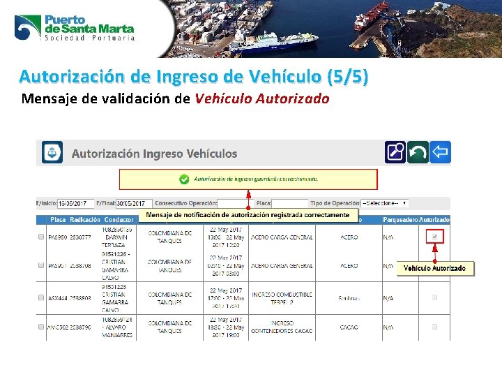 Autorización de Ingreso de Vehículo (5/5) Mensaje de validación de Vehículo Autorizado 