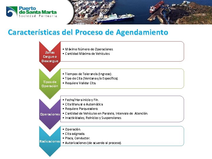 Características del Proceso de Agendamiento Zonas Cargue o Descargue Tipos de Operación • Máximo