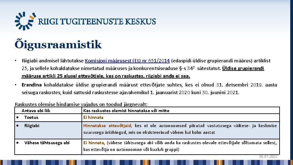 Õigusraamistik • Riigiabi andmisel lähtutakse Komisjoni määrusest (EL) nr 651/2014 (edaspidi üldise grupierandi määrus)