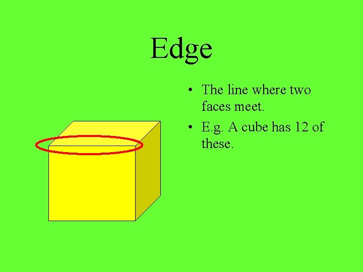 Edge • The line where two faces meet. • E. g. A cube has