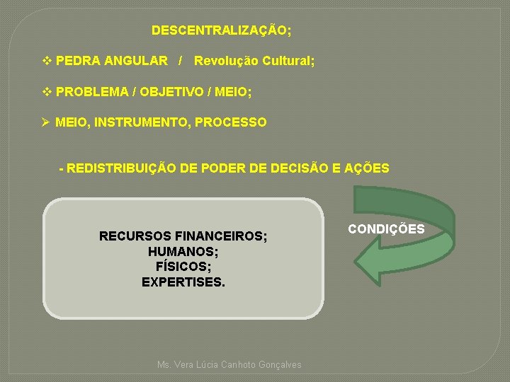 DESCENTRALIZAÇÃO; v PEDRA ANGULAR / Revolução Cultural; v PROBLEMA / OBJETIVO / MEIO; Ø