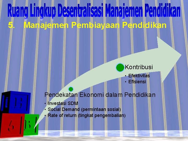 5. Manajemen Pembiayaan Pendidikan Kontribusi • Efektivitas • Efisiensi Pendekatan Ekonomi dalam Pendidikan •