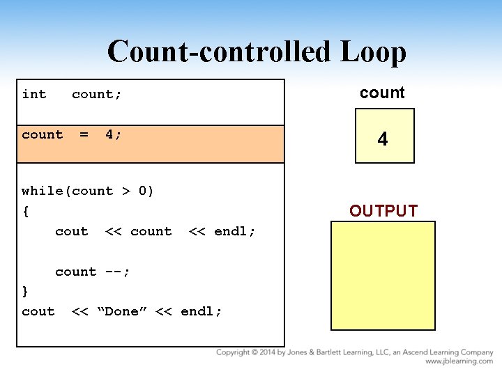 Count-controlled Loop int count; count = 4; while(count > 0) { cout << count