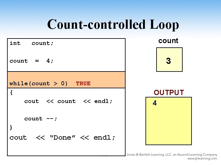 Count-controlled Loop int count; count = 4; while(count > 0) TRUE { cout <<
