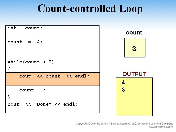 Count-controlled Loop int count; count = count 4; 3 while(count > 0) { cout