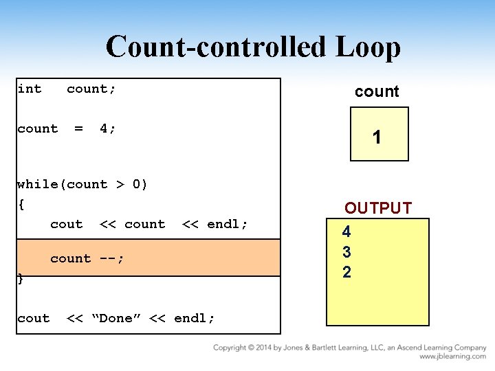 Count-controlled Loop int count; count = count 4; while(count > 0) { cout <<