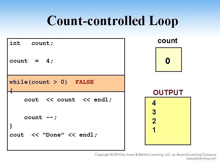 Count-controlled Loop int count; count = 4; while(count > 0) FALSE { cout <<