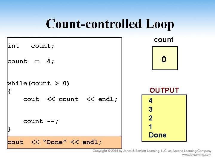 Count-controlled Loop int count; count = 0 4; while(count > 0) { cout <<