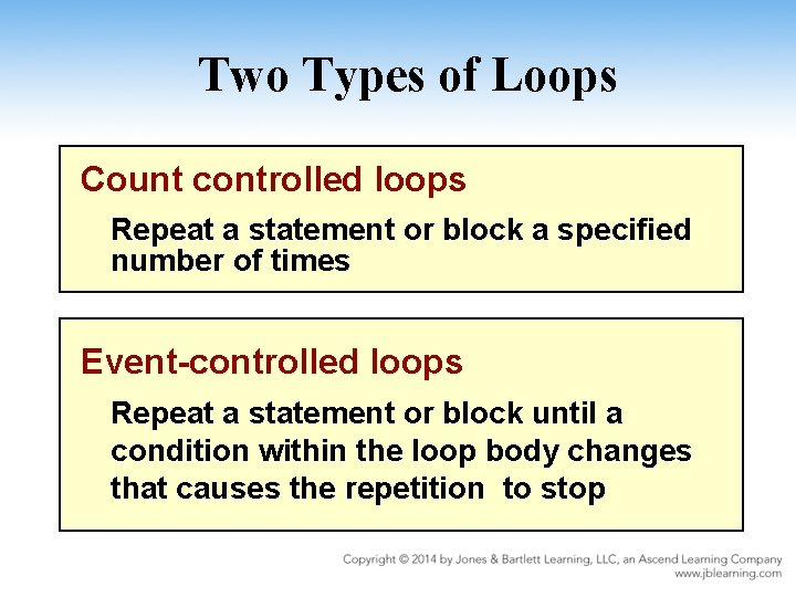 Two Types of Loops Count controlled loops Repeat a statement or block a specified