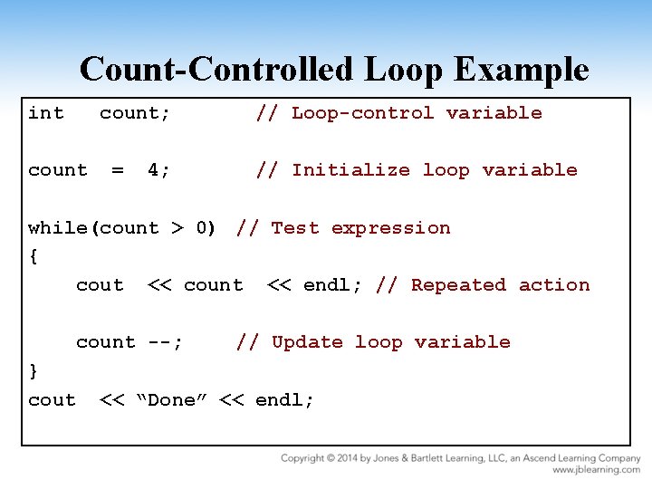 Count-Controlled Loop Example int count; count = 4; // Loop-control variable // Initialize loop