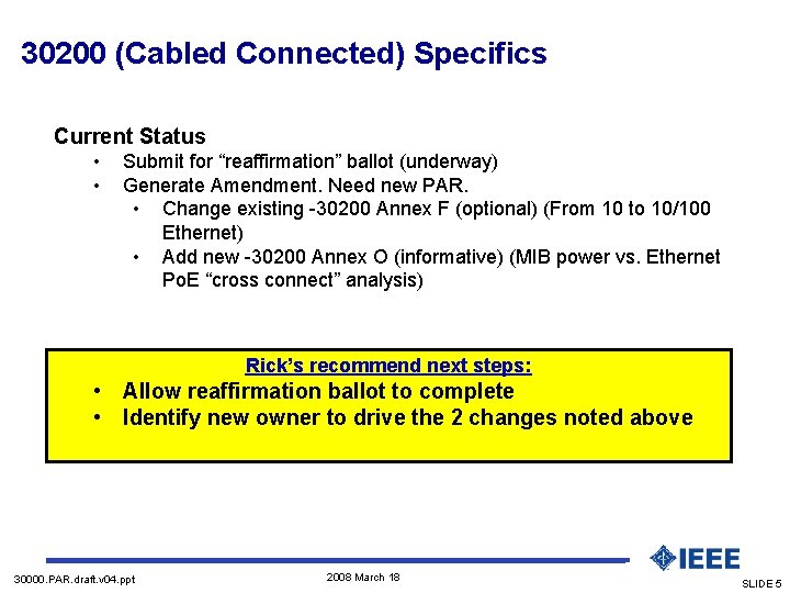 30200 (Cabled Connected) Specifics Current Status • • Submit for “reaffirmation” ballot (underway) Generate