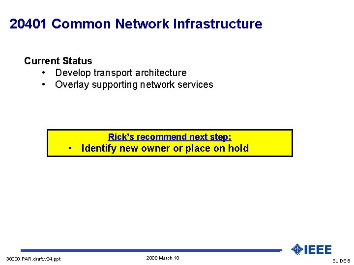 20401 Common Network Infrastructure Current Status • Develop transport architecture • Overlay supporting network