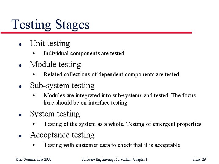 Testing Stages l Unit testing • l Modules are integrated into sub-systems and tested.