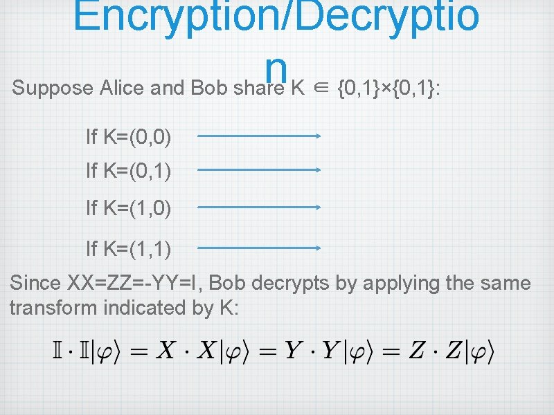 Encryption/Decryptio n Suppose Alice and Bob share K ∈ {0, 1}×{0, 1}: If K=(0,