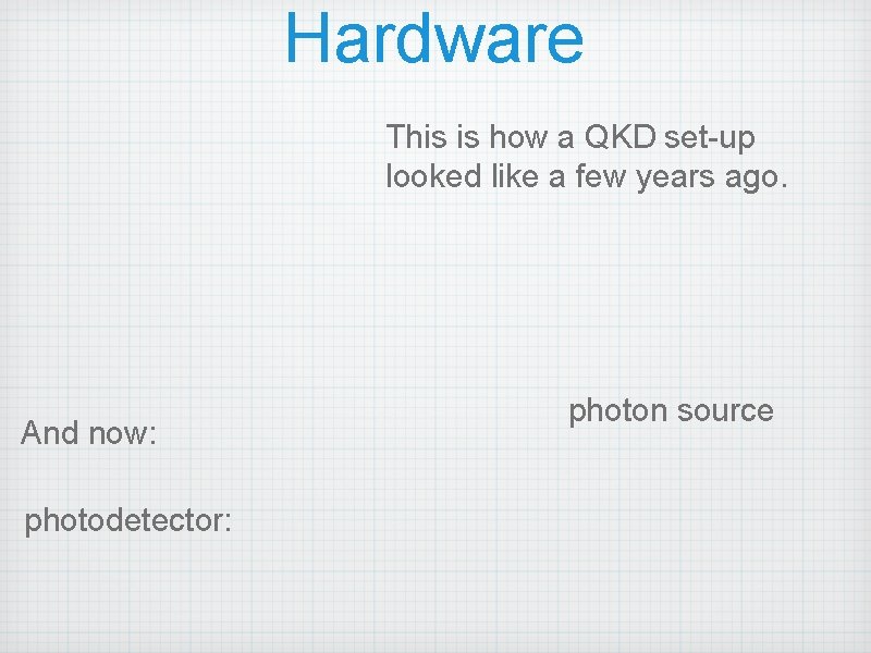 Hardware This is how a QKD set-up looked like a few years ago. And