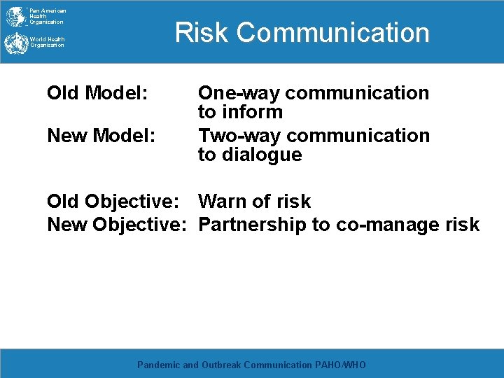 Pan American Health Organization Risk Communication World Health Organization Old Model: New Model: One-way