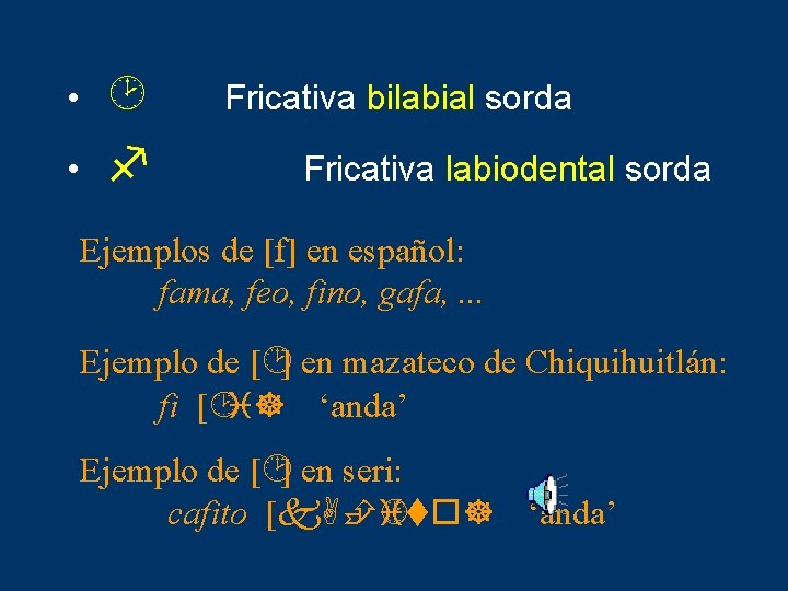  • • ¸ f Fricativa bilabial sorda Fricativa labiodental sorda Ejemplos de [f]