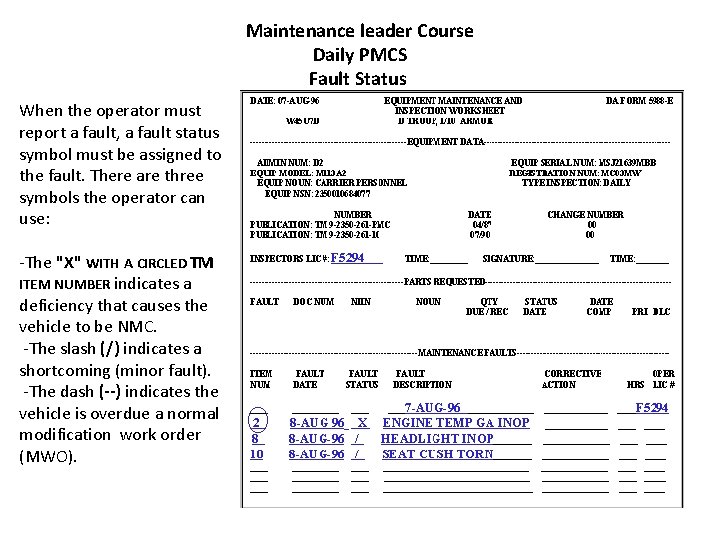 Maintenance leader Course Daily PMCS Fault Status When the operator must report a fault,