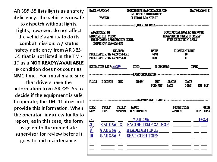 AR 385 -55 lists lights as a safety deficiency. The vehicle is unsafe to