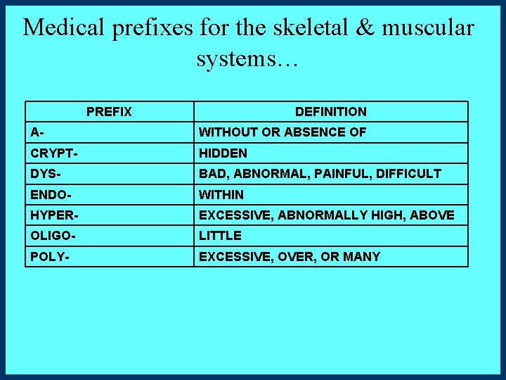 Medical prefixes for the skeletal & muscular systems… PREFIX DEFINITION A- WITHOUT OR ABSENCE