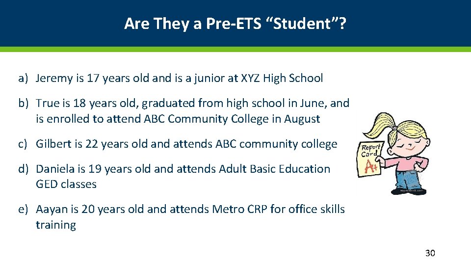 Are They a Pre-ETS “Student”? a) Jeremy is 17 years old and is a